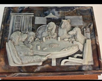 Vintage Incolay Stone and Wood Cigar Humidor, Jewelry Box, Dogs Playing Poker