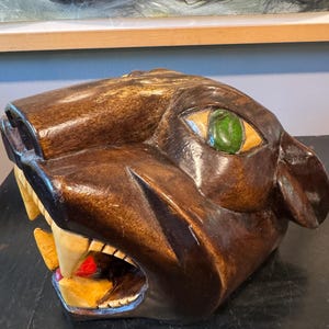 Carved Wood Panther Jaguar Head, Mexico Folk Art