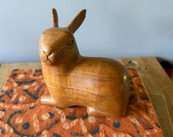 Vintage French Rabbit Hand Carved Teak Wood Trinket Box