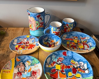 Vintage La Musa Style Pottery set, hand painted Knights