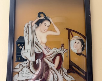 Vintage Asian Geisha Nude Reverse Painting