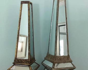 Vintage Mirrored Obelisks, Hollywood Regency, gold and silver, set of 2