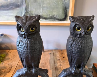 Vintage Cast Iron Owl Andirons, Fire dogs, Green Glass Eyes