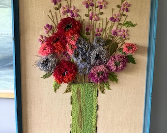 Vintage Framed Crewel Embroidery Picture Bouquet of Flowers 3 Dimensional on Linen