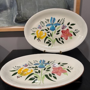 Puede incluir: Dos platos de servir ovalados de cerámica con fondo blanco y diseño floral. El diseño presenta flores amarillas, rojas, azules y verdes.