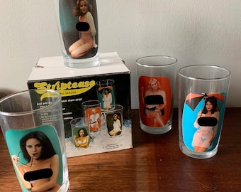 Vintage 70's Sip and Strip Glasses, Nude, Striptease, highball
