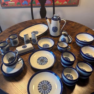 May include: A full ceramic dinner service featuring a blue and white floral pattern. The set includes plates, bowls, cups, a teapot, and serving dishes. The items are displayed on a wooden table, presenting the entire collection.