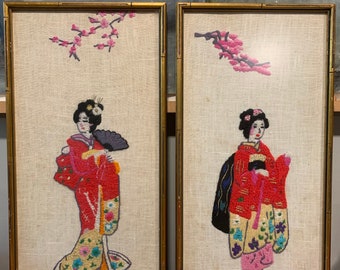 Vintage Pair of Crewel Embroidered Geishas on burlap