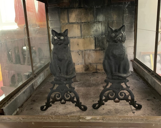 Antique Black Cat Andirons Fireplace Accessories Cast Iron Etsy