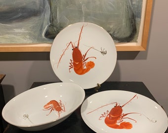 Vintage YY Ebi Hand Painted Porcelain Shrimp Lobster set