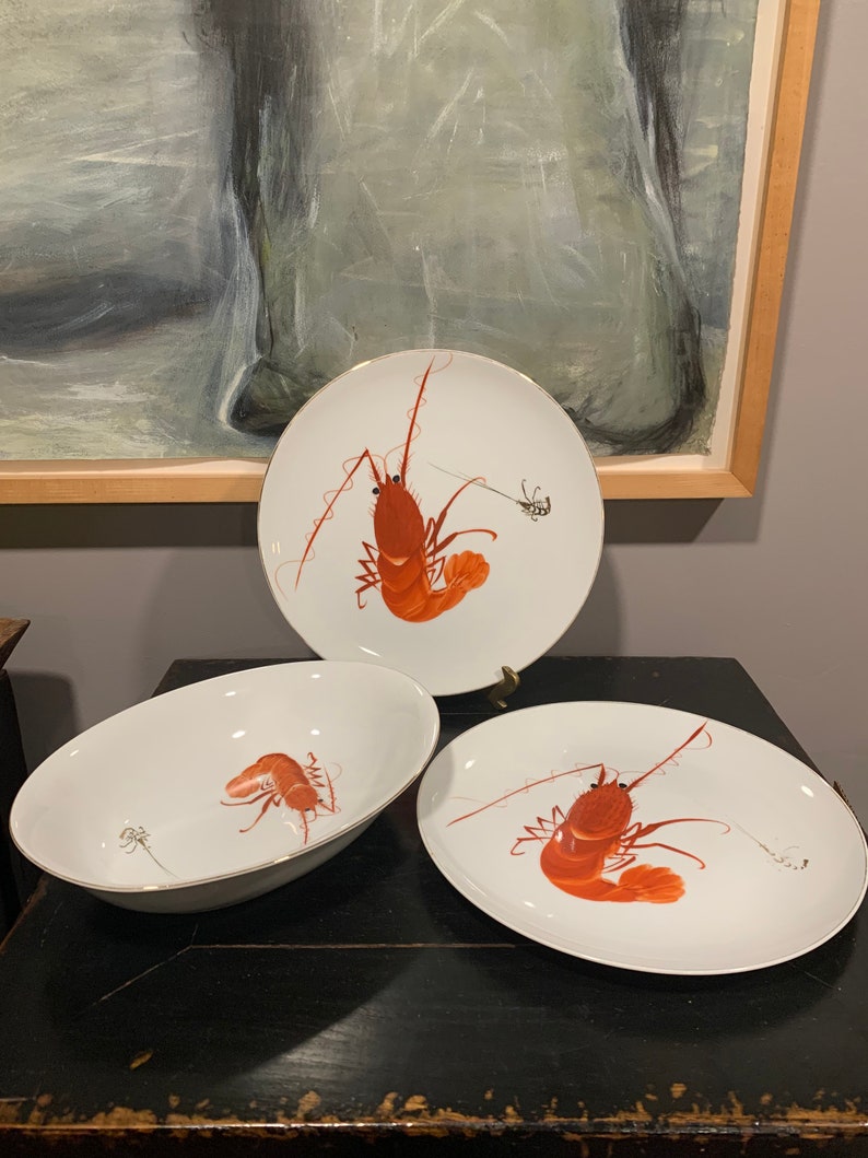 Vintage YY Ebi Hand Painted Porcelain Shrimp Lobster set image 1