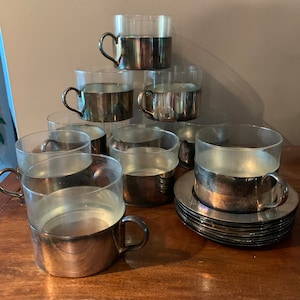 Vintage MCM Silver and Glass Coffee Mugs and saucers