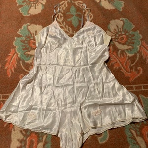 40s Sz L XL Liquid White Silk Embroidered Lace Step In Lingerie Romper