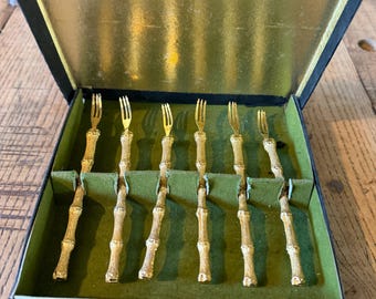 Vintage Gold Plated Bamboo Cocktail Oyster Forks