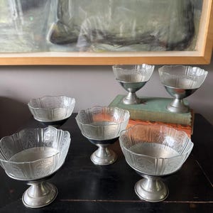 Vintage set of Art Deco Depression Glass Dessert Cups, removable glass inserts with stainless base