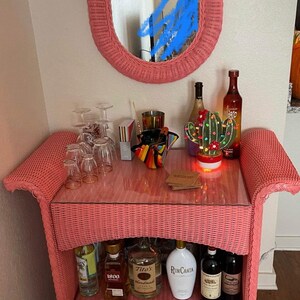 Vintage Wicker Bar Cart and Mirror, Bubble Gum Pink