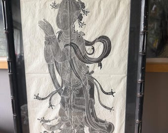 Vintage Framed Asian Temple Rubbing on Rice Paper