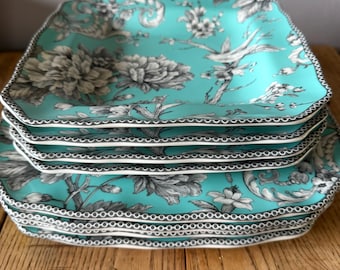 222 Fifth Adelaide Turquoise Toile Square Dinner Plates, Shallow Bowls
