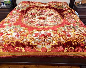 Vintage MCM Velvet Italian Wedding Cherub Floral Bedspread