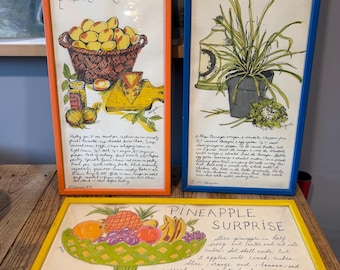 Vintage 1960 Jacque Pati Framed Recipe Print Quiche Lorraine, Bernadine Sauce, Pineapple Surprise, sold individually