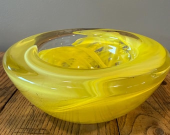 Kosta Boda 7" Yellow Swirl "Atoll" Glass Bowl by Anna Ehrner - Swedish