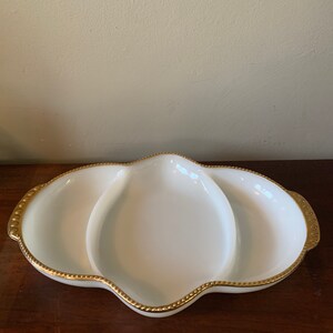 Vintage Fire King Milk Glass Gold rim serving dish, three section