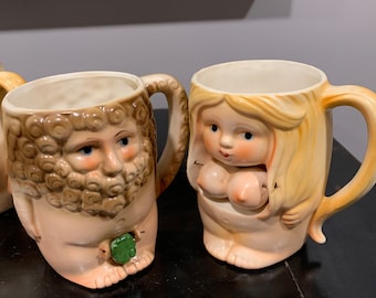 Vintage 1970s Nude Woman & Man Novelty Pair Naughty Fig Leaf Coffee Mug Japan, Adam and Eve, swinging boobs