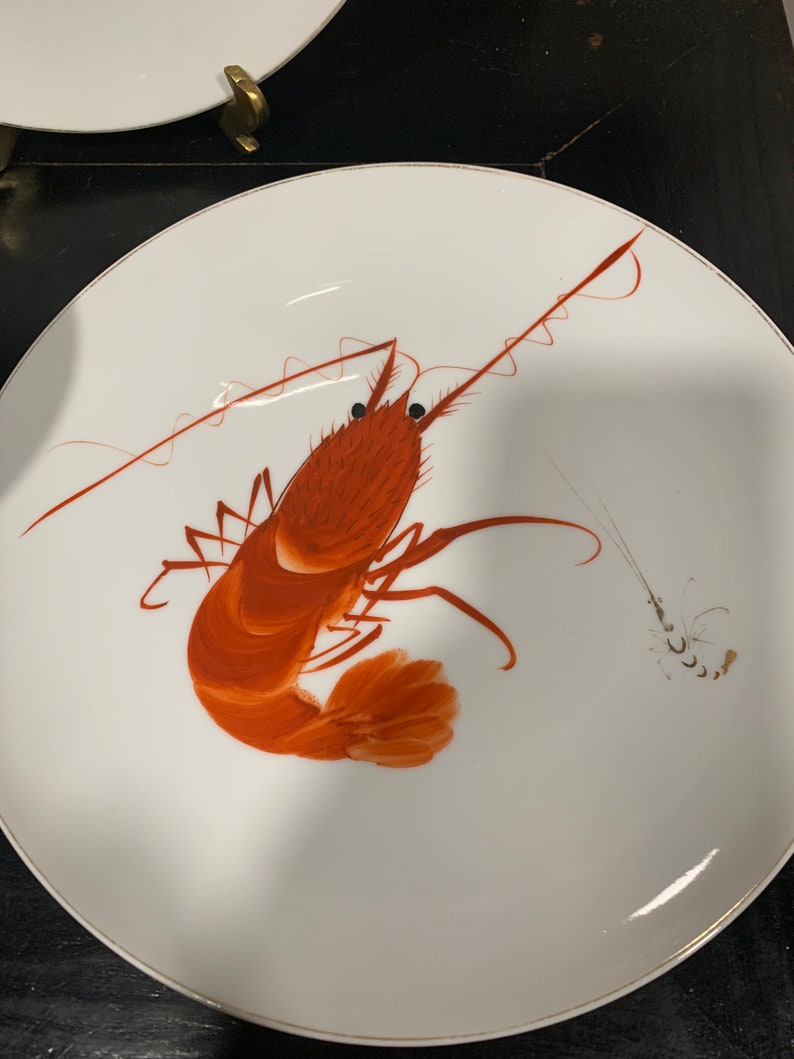 Vintage YY Ebi Hand Painted Porcelain Shrimp Lobster set image 2