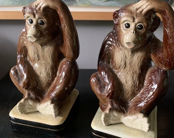 Vintage Takahashi Monkey Bookends, ceramic