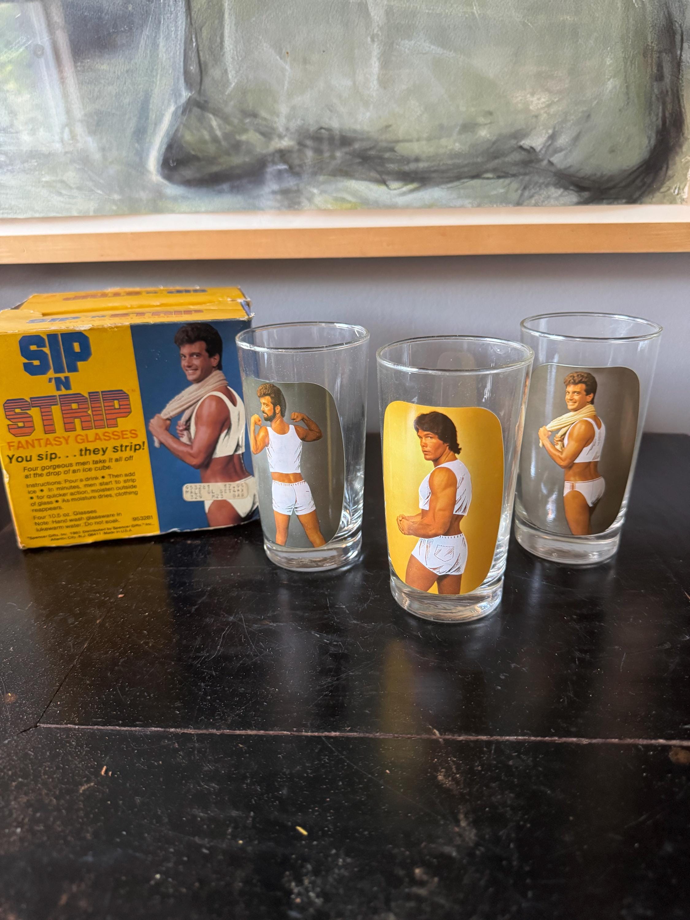 Vintage 70's Sip and Strip Glasses, Nude, Male, Striptease, highball, set of 3