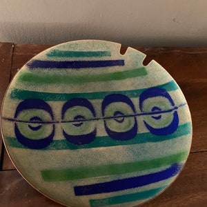 Sascha Brastoff ? MCM Ashtray Blue Green Teal Enamel on Copper - 7.75”