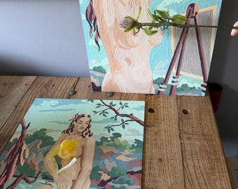 Vintage Nude Paint by Number, Girl With Easel unframed and Girl with Towel unframed, sold individually
