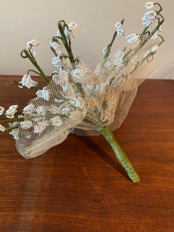 Vintage Handmade Beaded Flower Bouquet, white