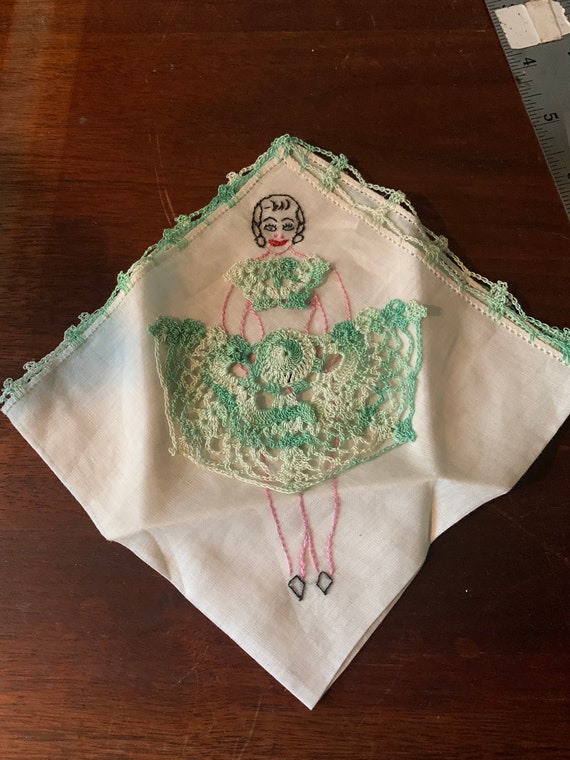 Vintage Naughty crocheted handkerchief, hanky, nud