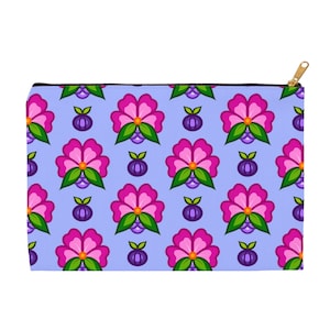 May include: A light blue zippered pouch with a repeating pattern of pink flowers and purple berries.