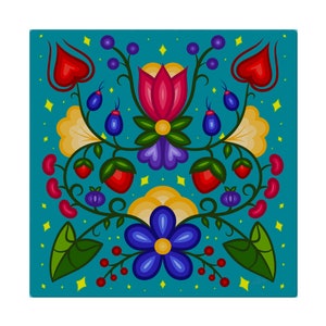 May include: A colorful floral design with red, yellow, blue, green, and purple flowers. The design is on a teal background with white stars.