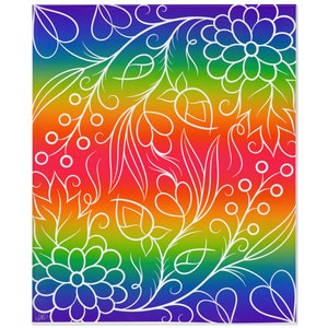 Könnte beinhalten: Ein Regenbogen-Verlaufshintergrund mit weißen floralen Designs. Das Design zeigt Blätter, Blumen und Ranken.