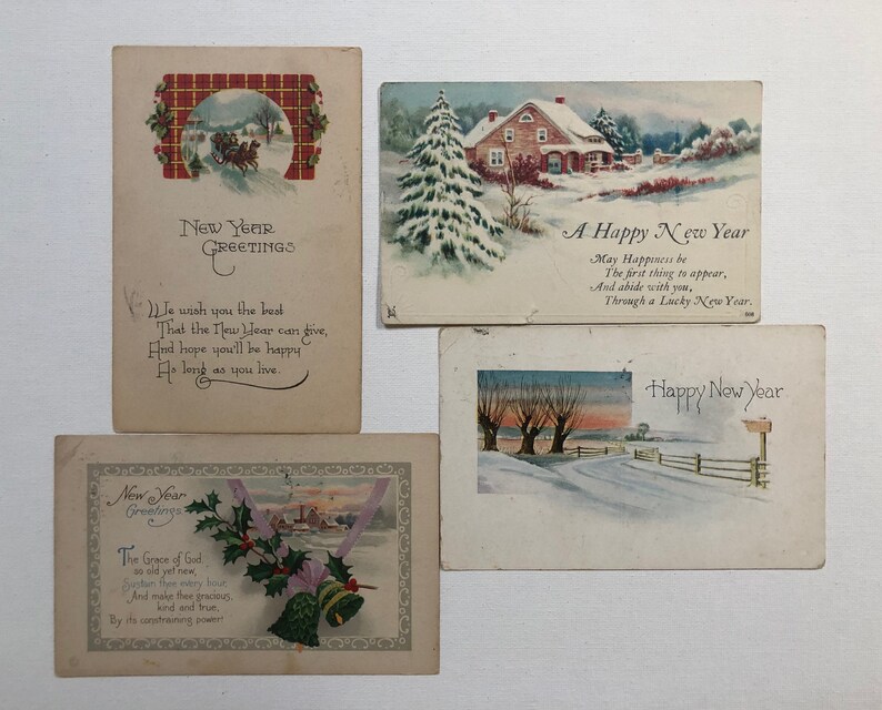 Early 20th Century Vintage Happy New Year Postcards Set of Four ...