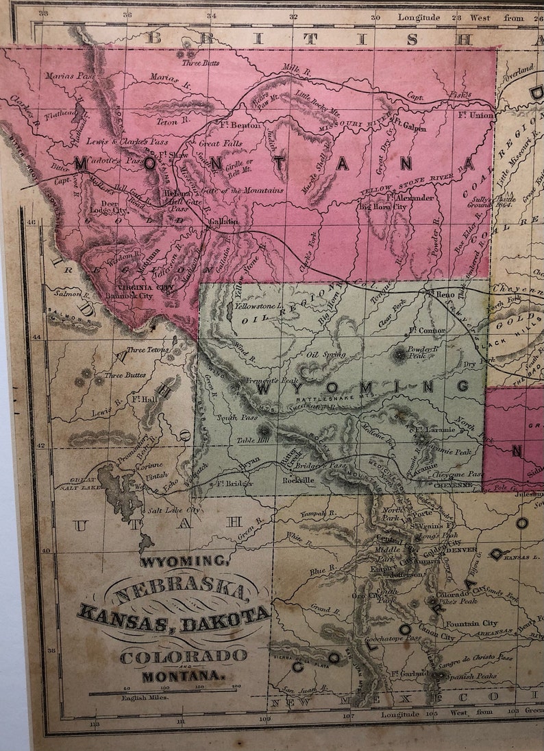 Antique 1871 Map of Wyoming, Nebraska, Kansas, Dakota, Colorado and 