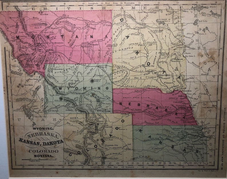 Antique 1871 Map of Wyoming, Nebraska, Kansas, Dakota, Colorado and 
