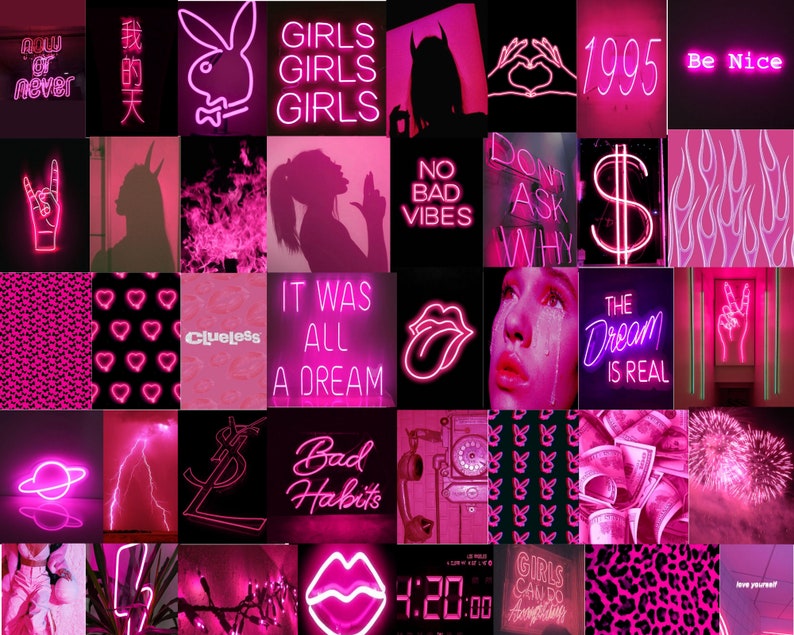 Pink neon wall collage kit 100 pcs wall collage kit pink | Etsy