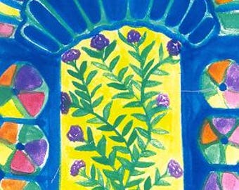 Stainglass Archd Window  - Art Print -  with Blue Yellow multi-Colors