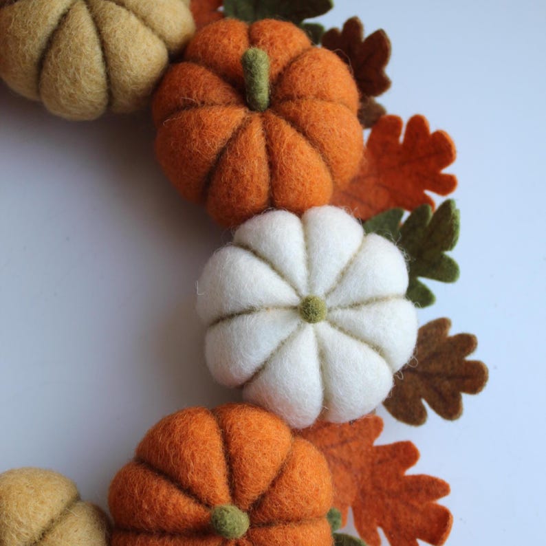Fall Felt Wreath, Wool Pumpkin Door Decor, Handmade Autumn Wreath image 16