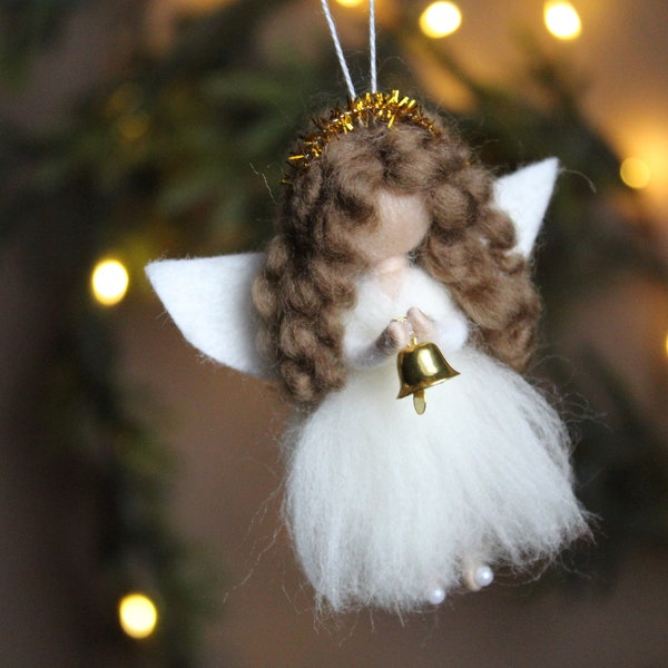 Needle Felted Angel with Christmas bell, Tree ornaments, Christmas Angel Toy, Christmas decor