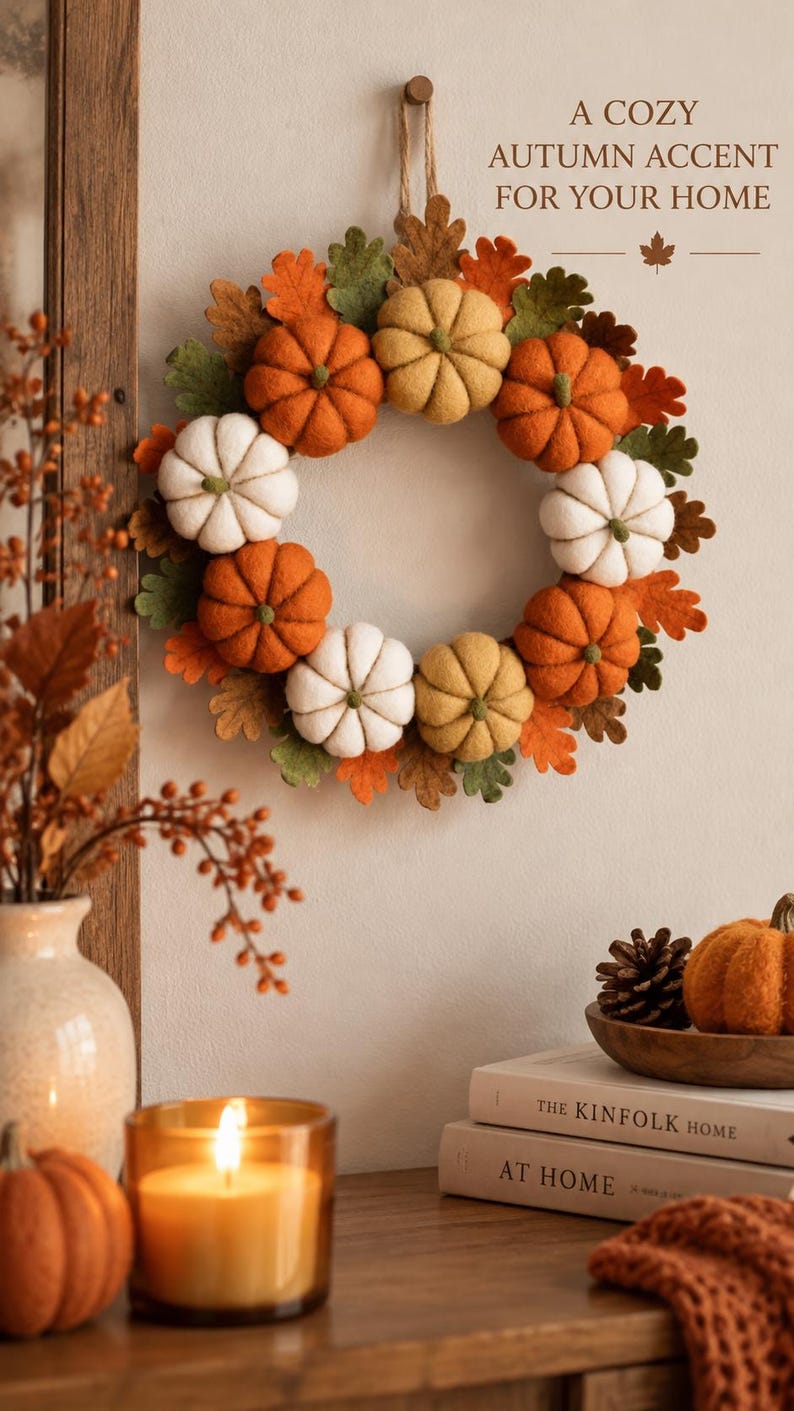 May include: A circular wreath featuring felt pumpkins in orange, white, and yellow, interspersed with felt oak leaves in green and brown. The text A COZY AUTUMN ACCENT FOR YOUR HOME is printed above the wreath with a small maple leaf icon.