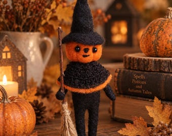 Needle Felted Pumpkin Figurine – Handmade Halloween Decor, Wool Pumpkin Boy, Fall Shelf Decor
