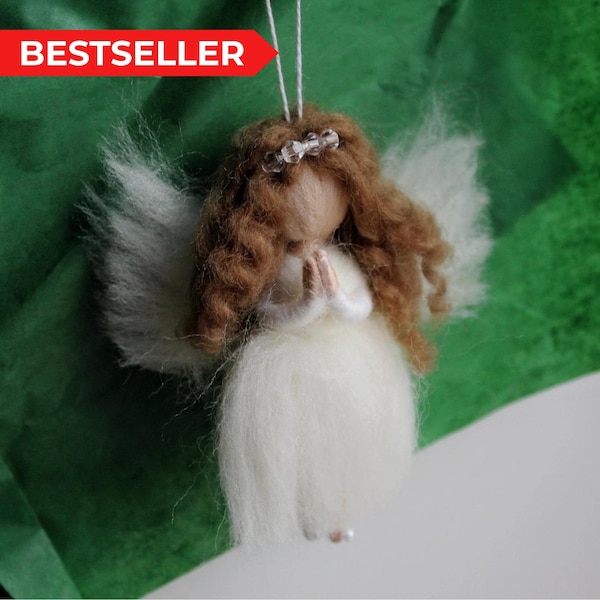 Needle Felted Wool Angel Figurine, Praying Hands, Curly Hair Angel, Handmade Christmas Decor, Gift