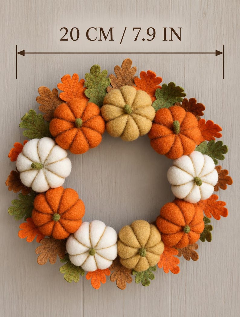May include: A circular wreath featuring felt pumpkins in orange, white, and tan, interspersed with felt oak leaves in green, orange, and brown. The wreath measures 20 cm in diameter as indicated by the text 20 CM / 7.9 IN above the item.