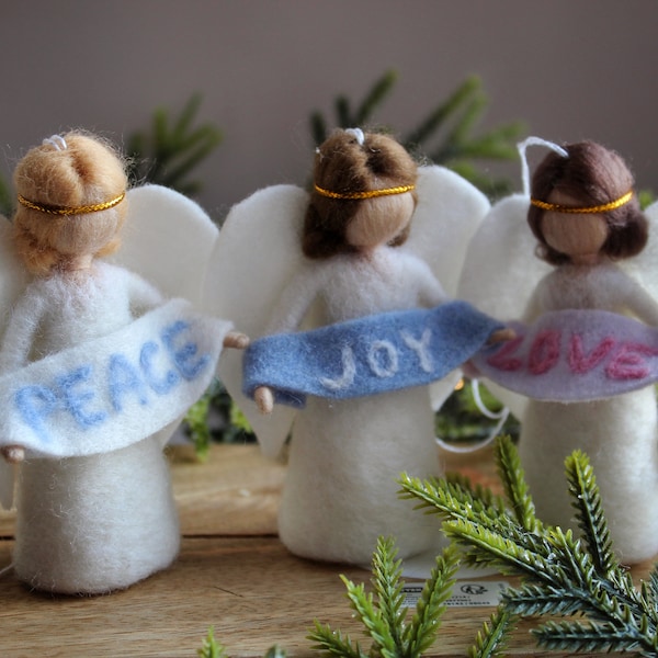 Small needle felted angel tree topper, message of merry, love, joy, peace angel ornament