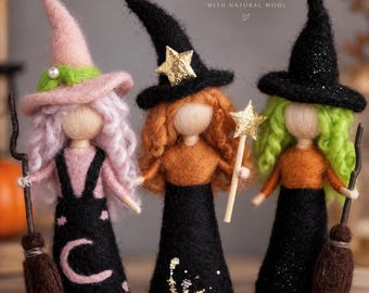 Needle Felted Witch Ornament, Handmade Wool Witch Doll, Halloween Hanging Decor, Spooky Tree Decoration, Unique Halloween Gift